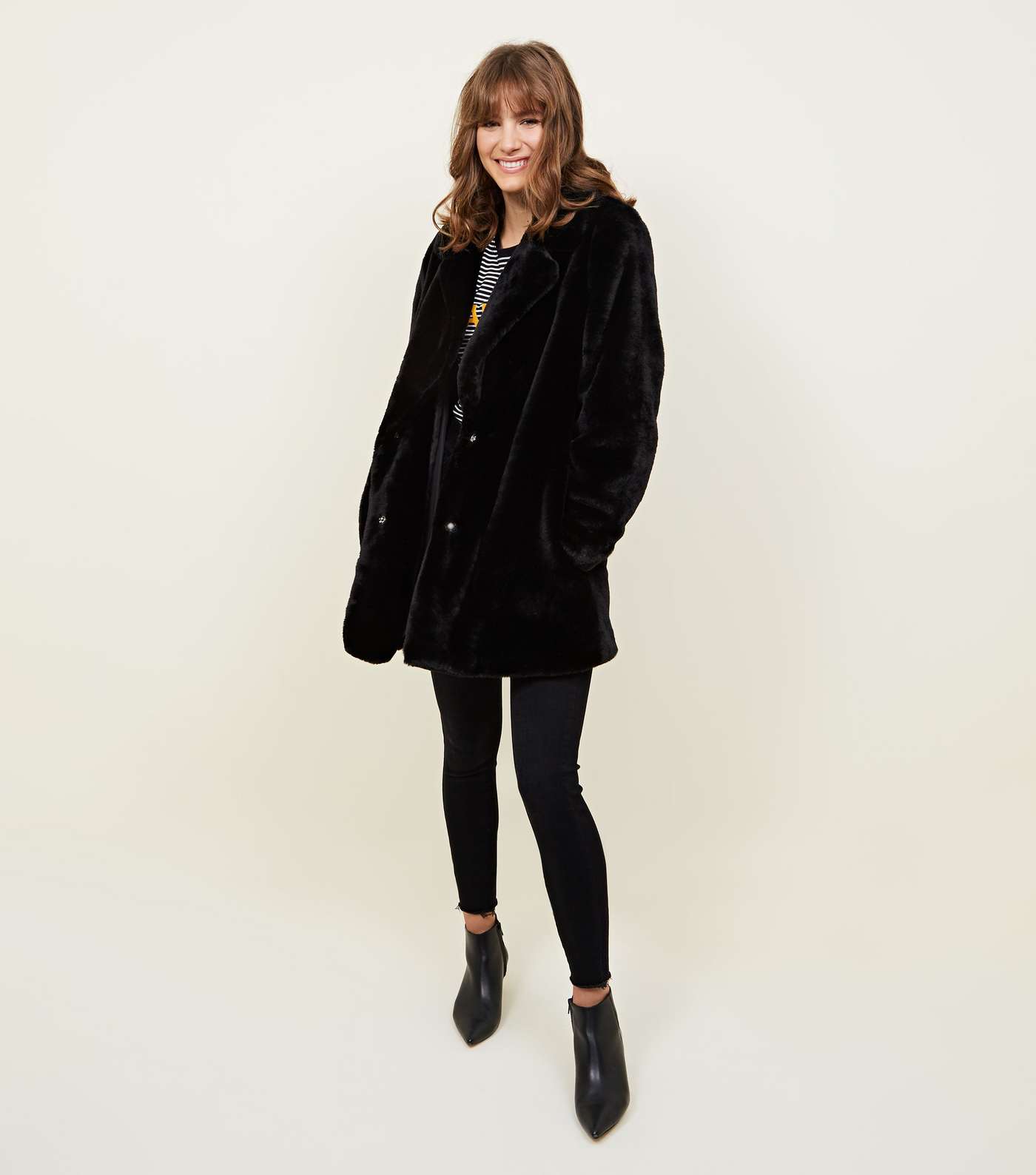 Black Faux Fur Longline Coat Image 2