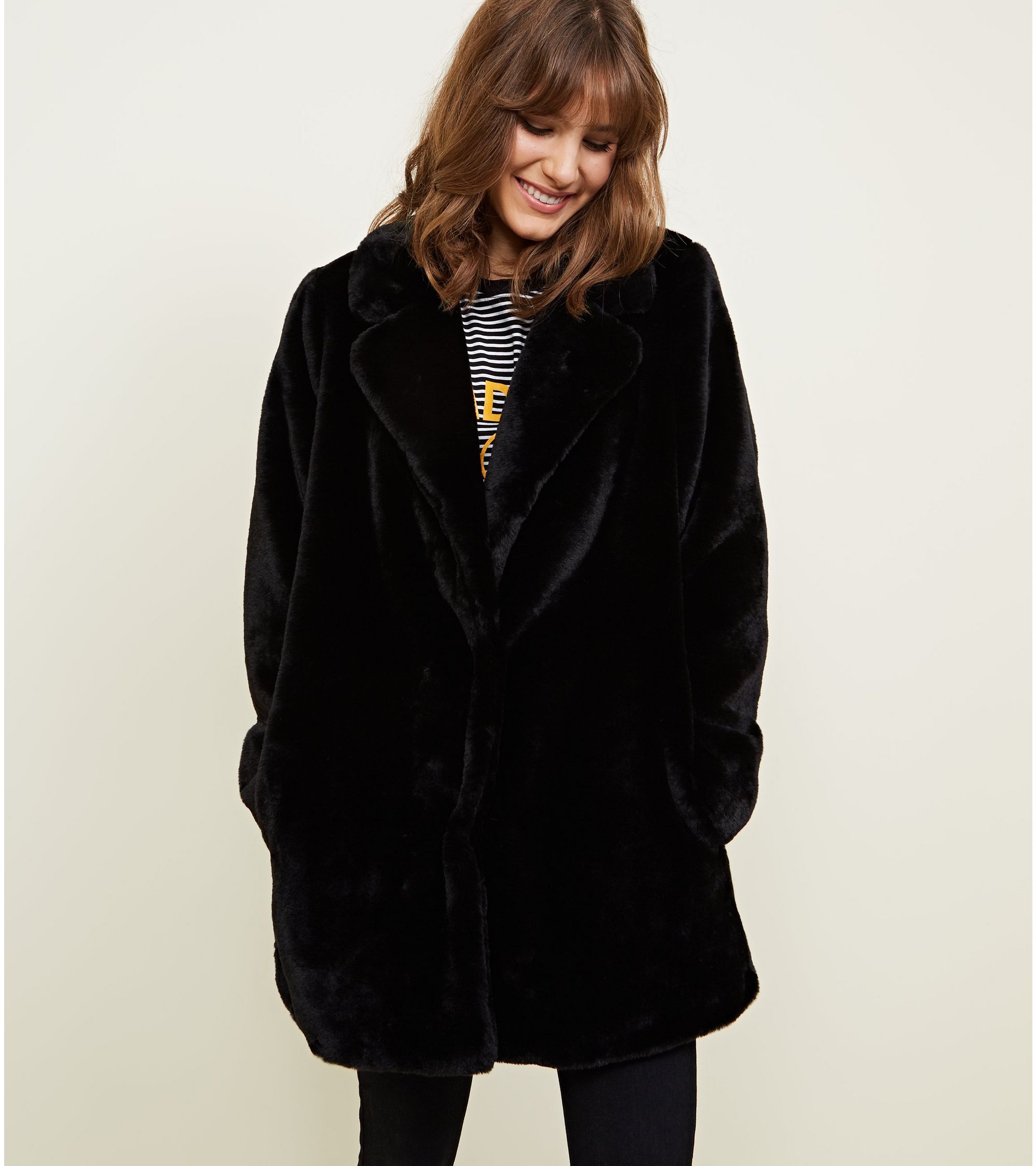 New Look Black Faux Fur Longline Coat at £30 | love the brands