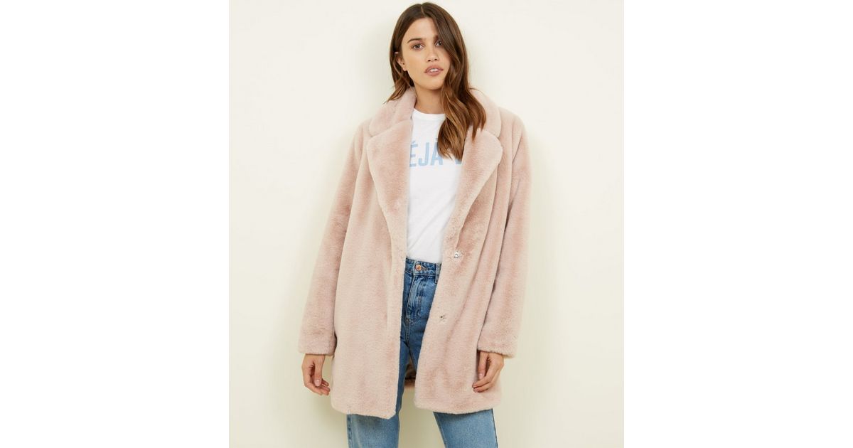 Pale Pink Faux Fur Longline Coat New Look, Pink Longline Faux Fur Coat