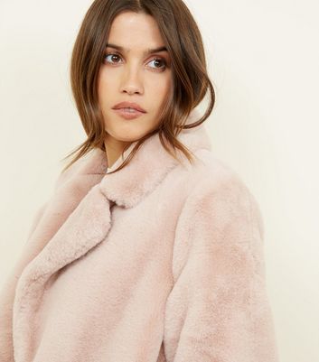 Pale pink faux on sale fur longline coat