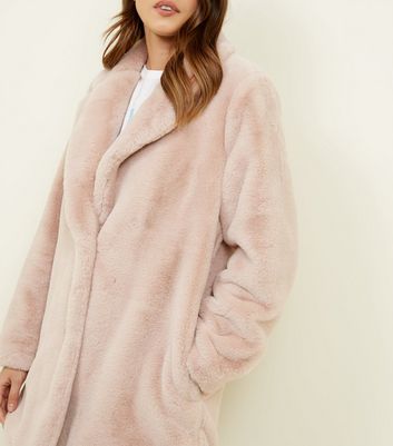 Pale pink faux deals fur longline coat