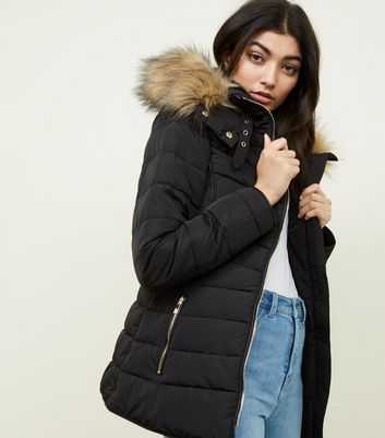 short black puffer jacket with fur hood