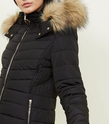 faux fur trim hooded puffer jacket