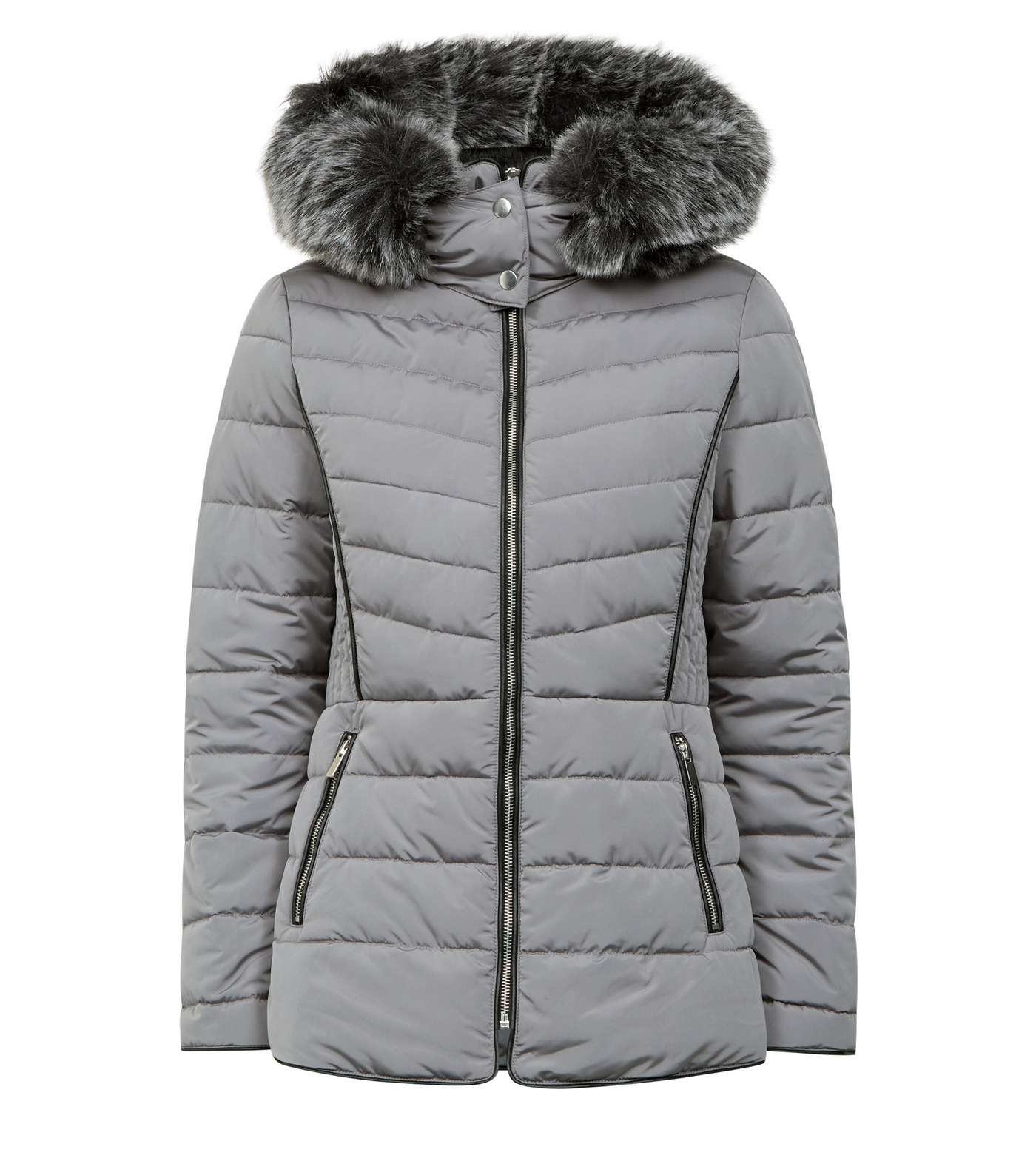 Pale Grey Faux Fur Trim Hooded Puffer Jacket Image 4