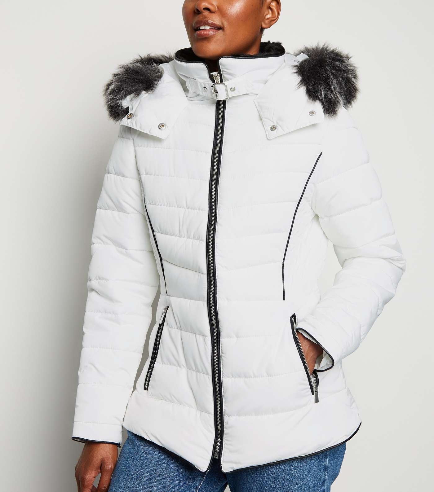 White Faux Fur Trim Hooded Puffer Jacket Image 3