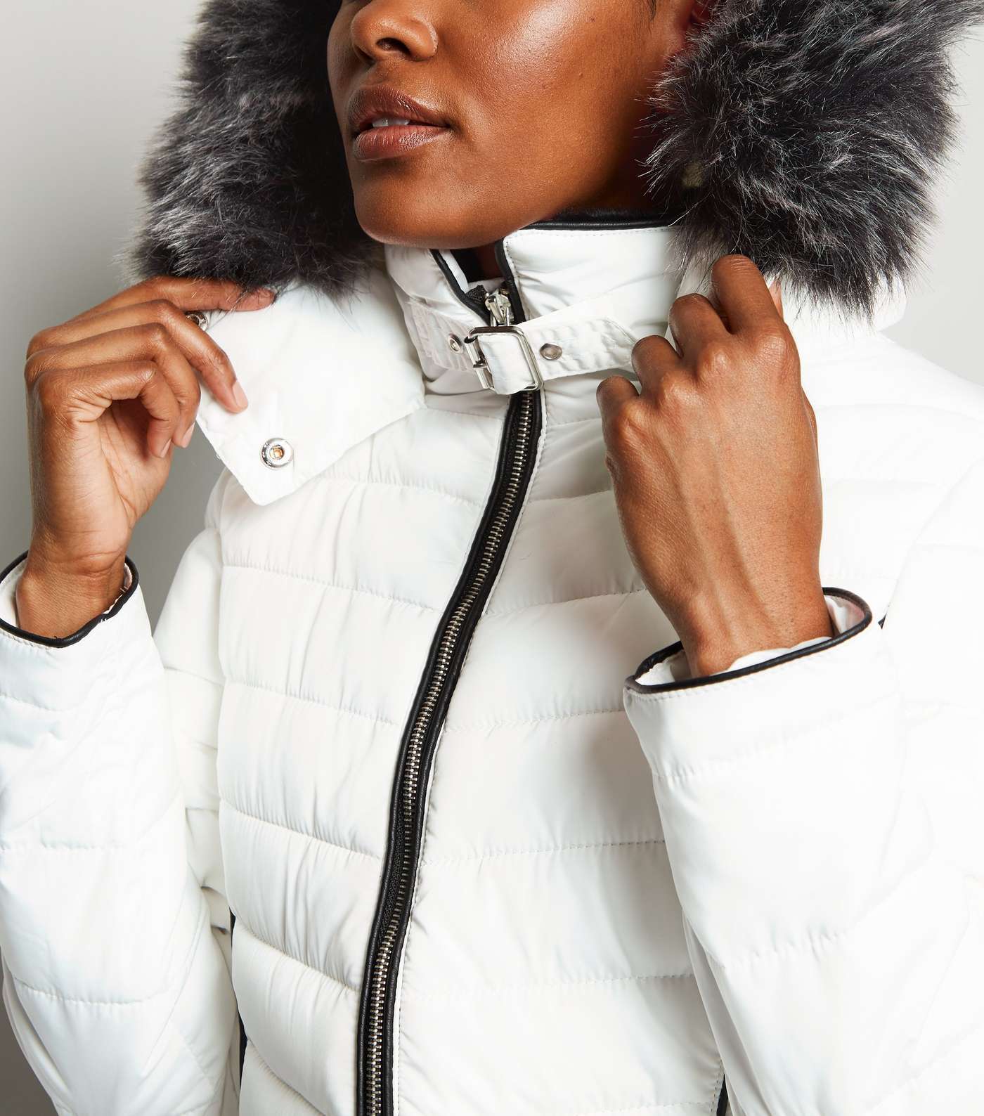 White Faux Fur Trim Hooded Puffer Jacket Image 5