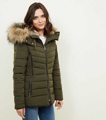 Olive faux fur 2025 trim hooded puffer jacket