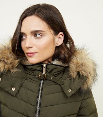 Olive faux fur 2025 trim hooded puffer jacket