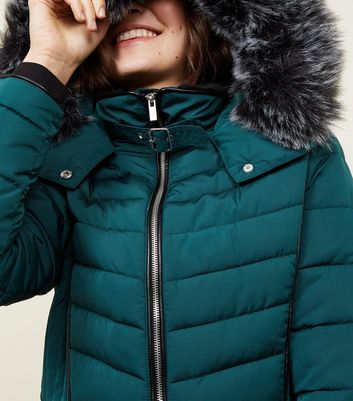 Dark green faux fur trim hooded puffer jacket hotsell