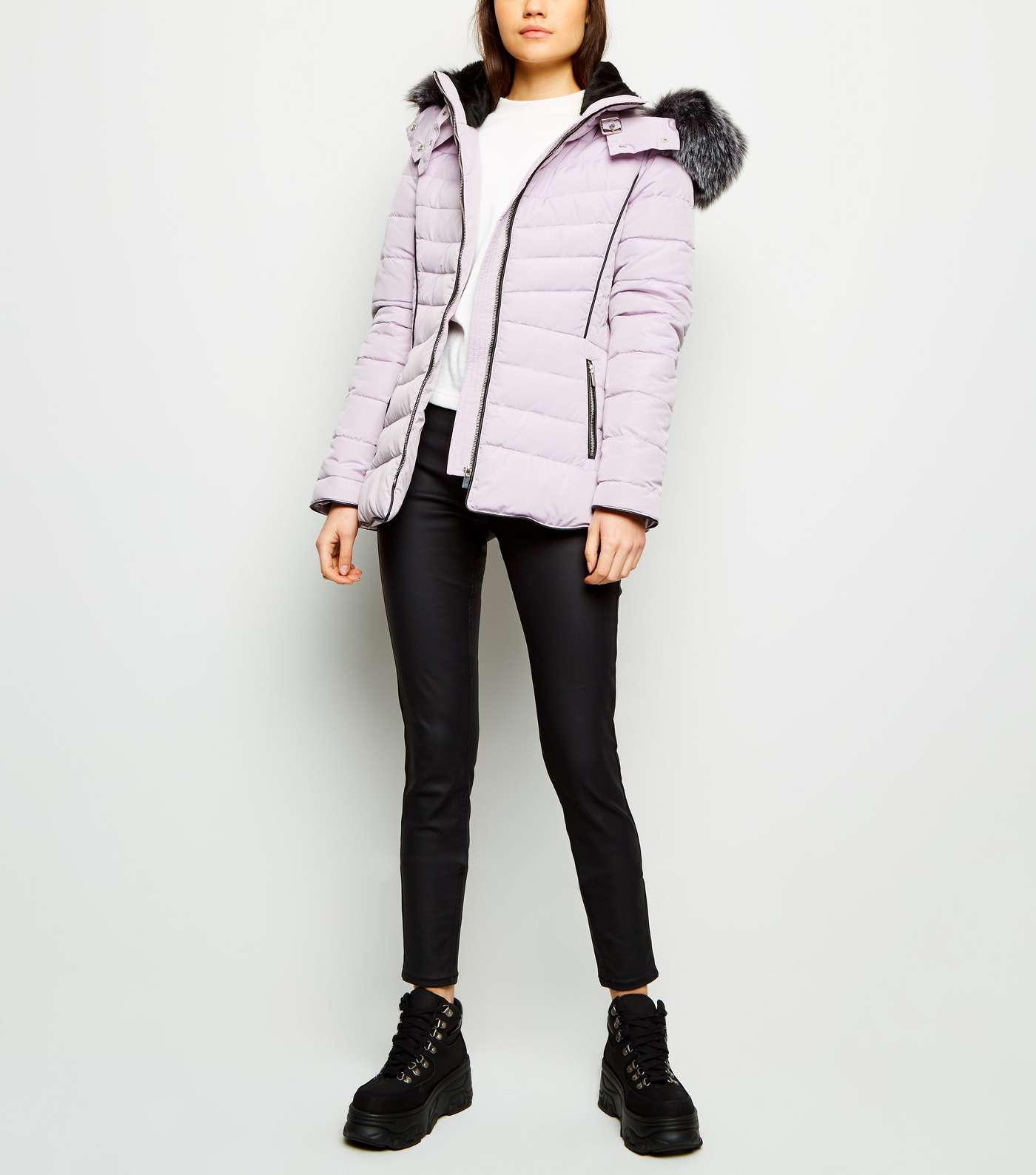 Lilac Faux Fur Trim Hooded Puffer Jacket Image 2