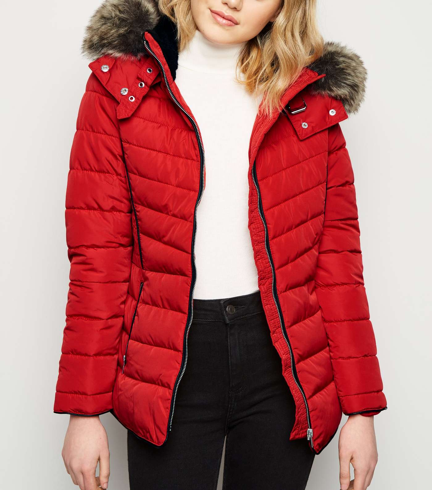 Red Faux Fur Trim Hooded Puffer Jacket