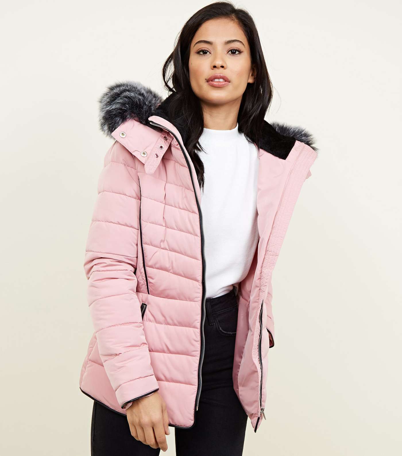 Mid Pink Faux Fur Trim Hooded Puffer Jacket