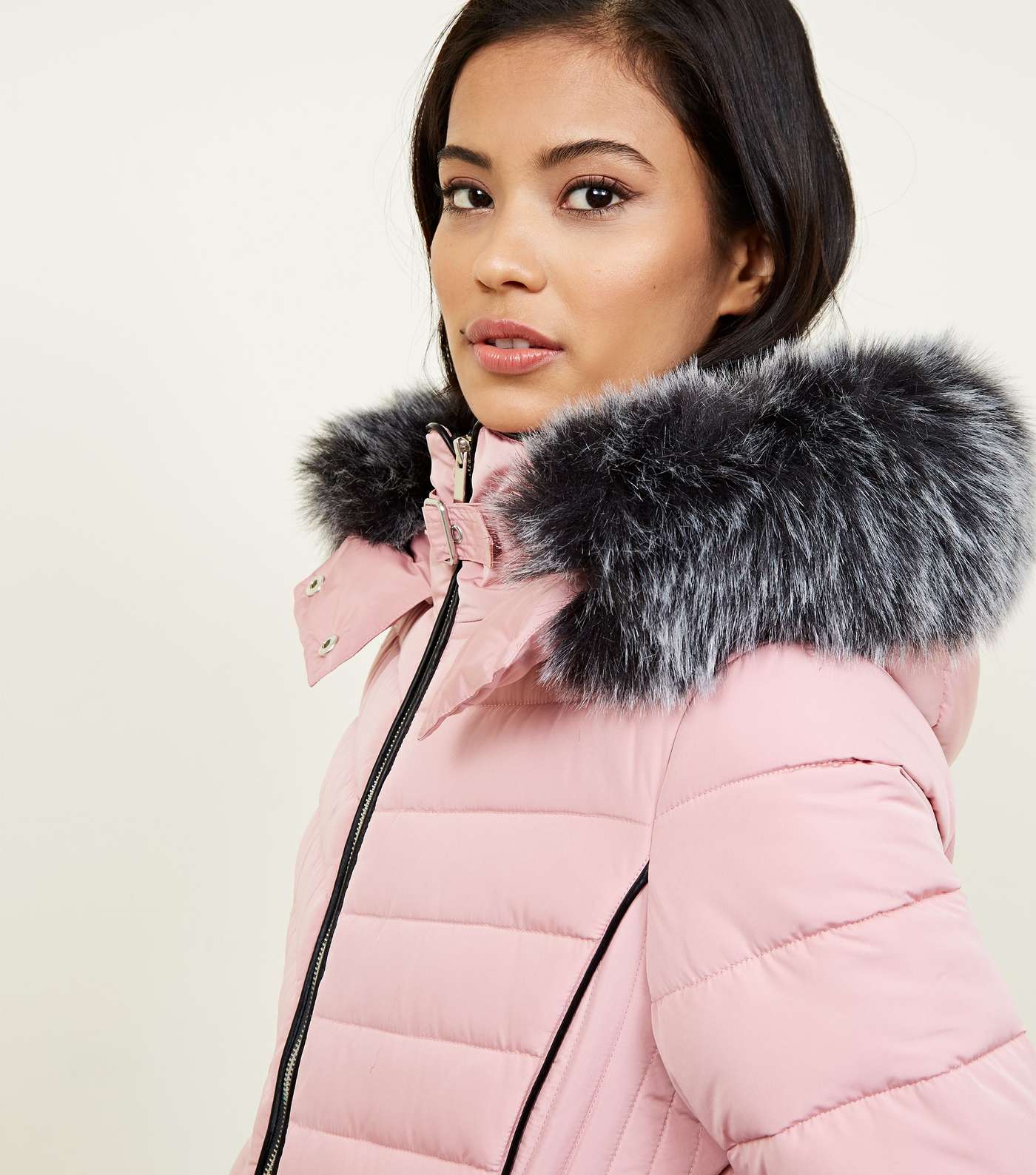 Mid Pink Faux Fur Trim Hooded Puffer Jacket Image 3