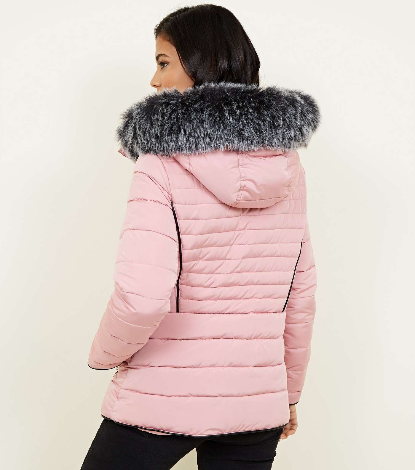 Mid Pink Faux Fur Trim Hooded Puffer Jacket Image 5