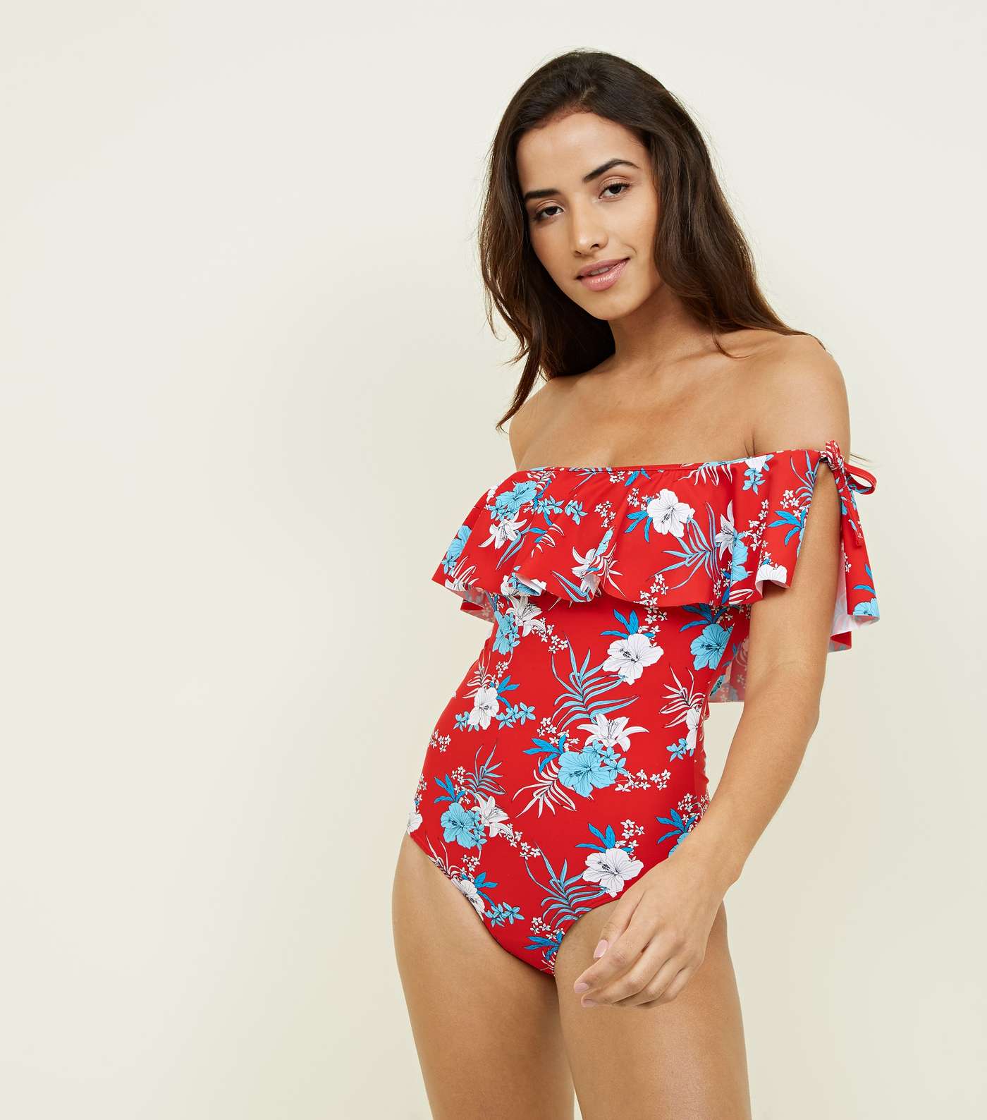 Red Floral Frill Bardot Swimsuit 