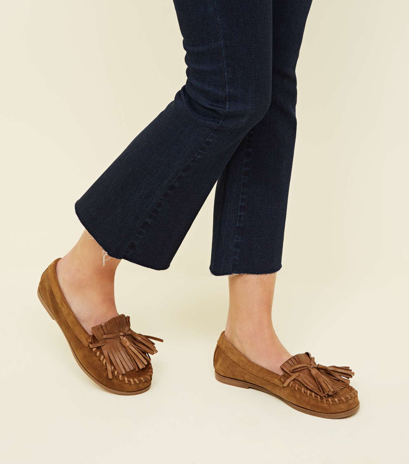 Tan Suede Whipstitch Fringe Trim Loafers  Image 2