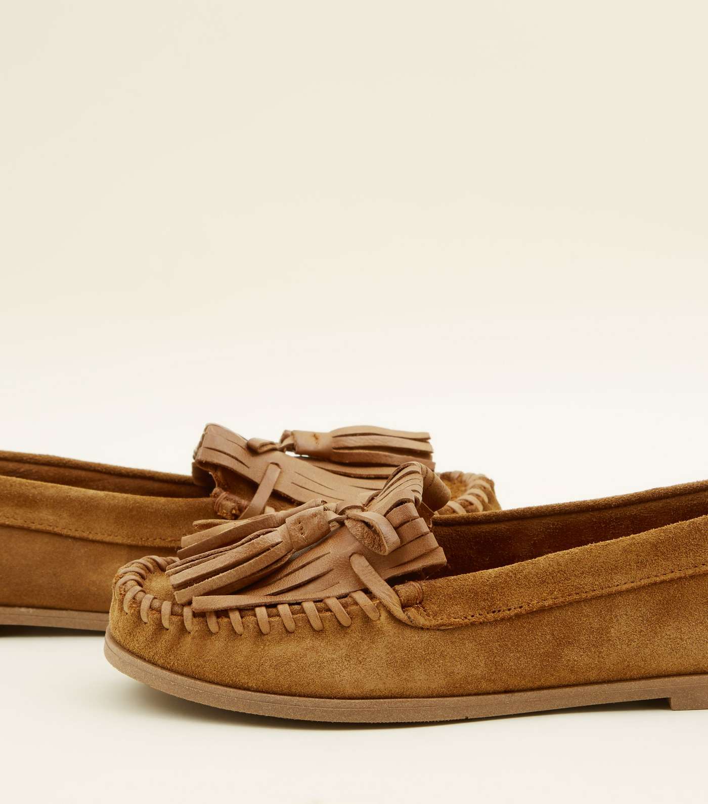 Tan Suede Whipstitch Fringe Trim Loafers  Image 4