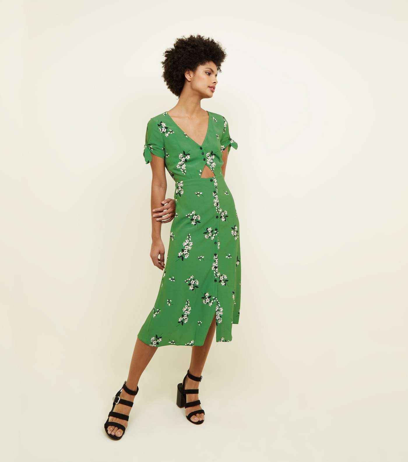 Green Floral Button Up Cut Out Midi Dress Image 2