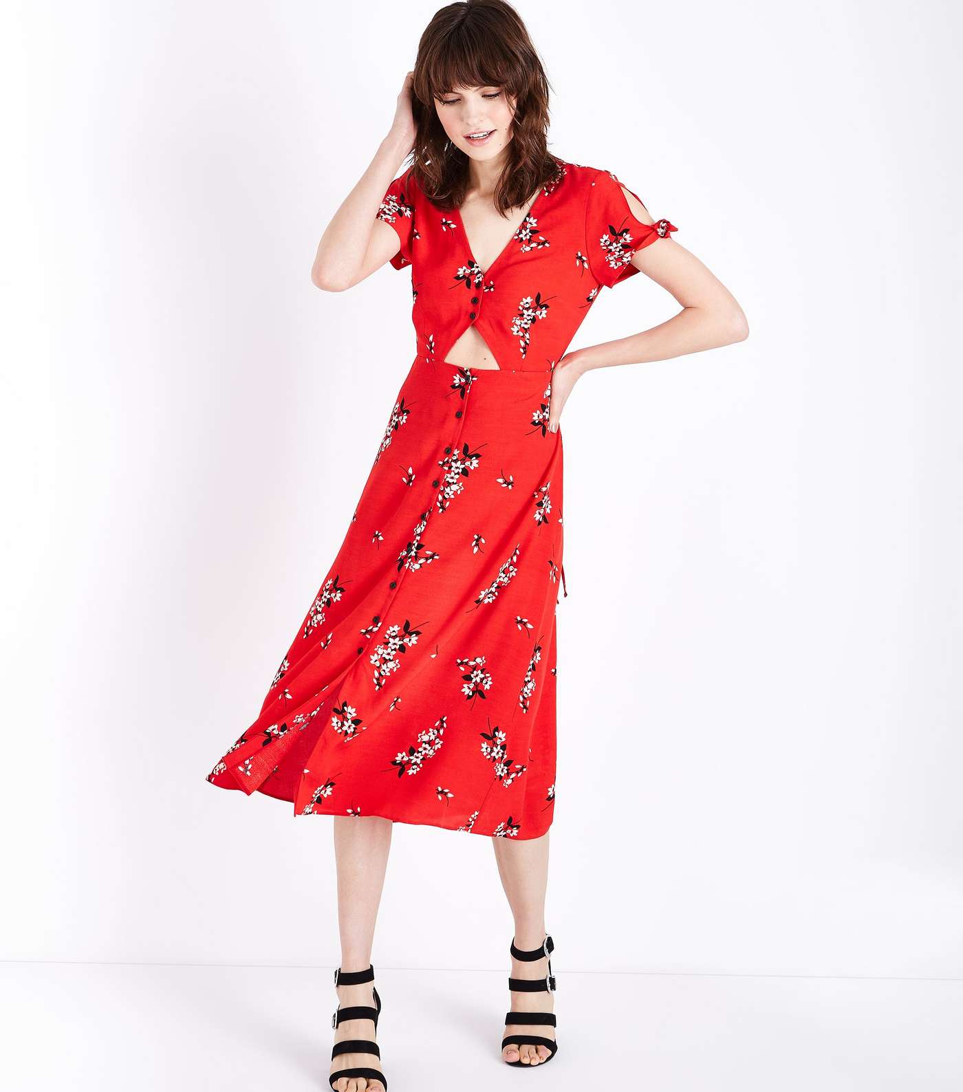 Red Floral Button Up Cut Out Midi Dress