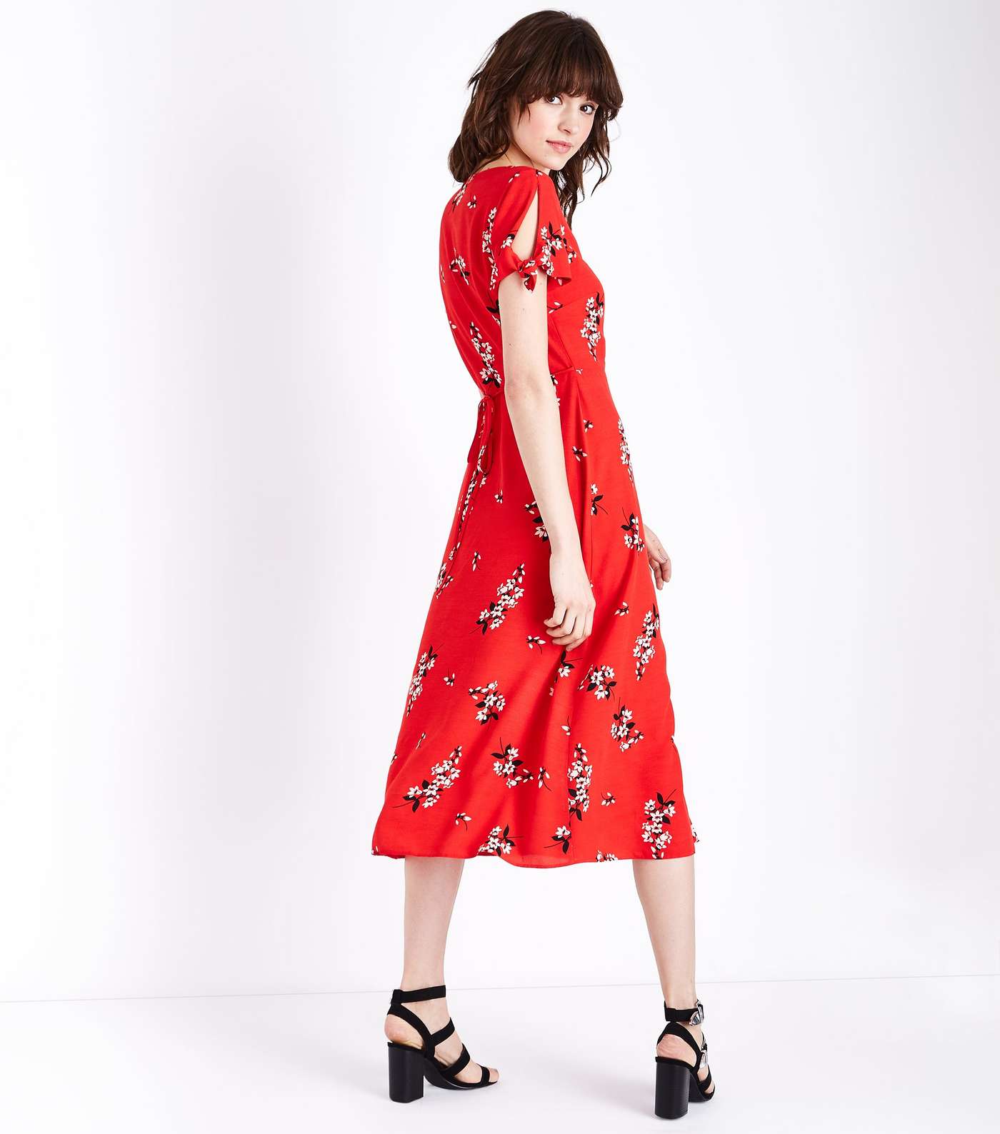 Red Floral Button Up Cut Out Midi Dress Image 3
