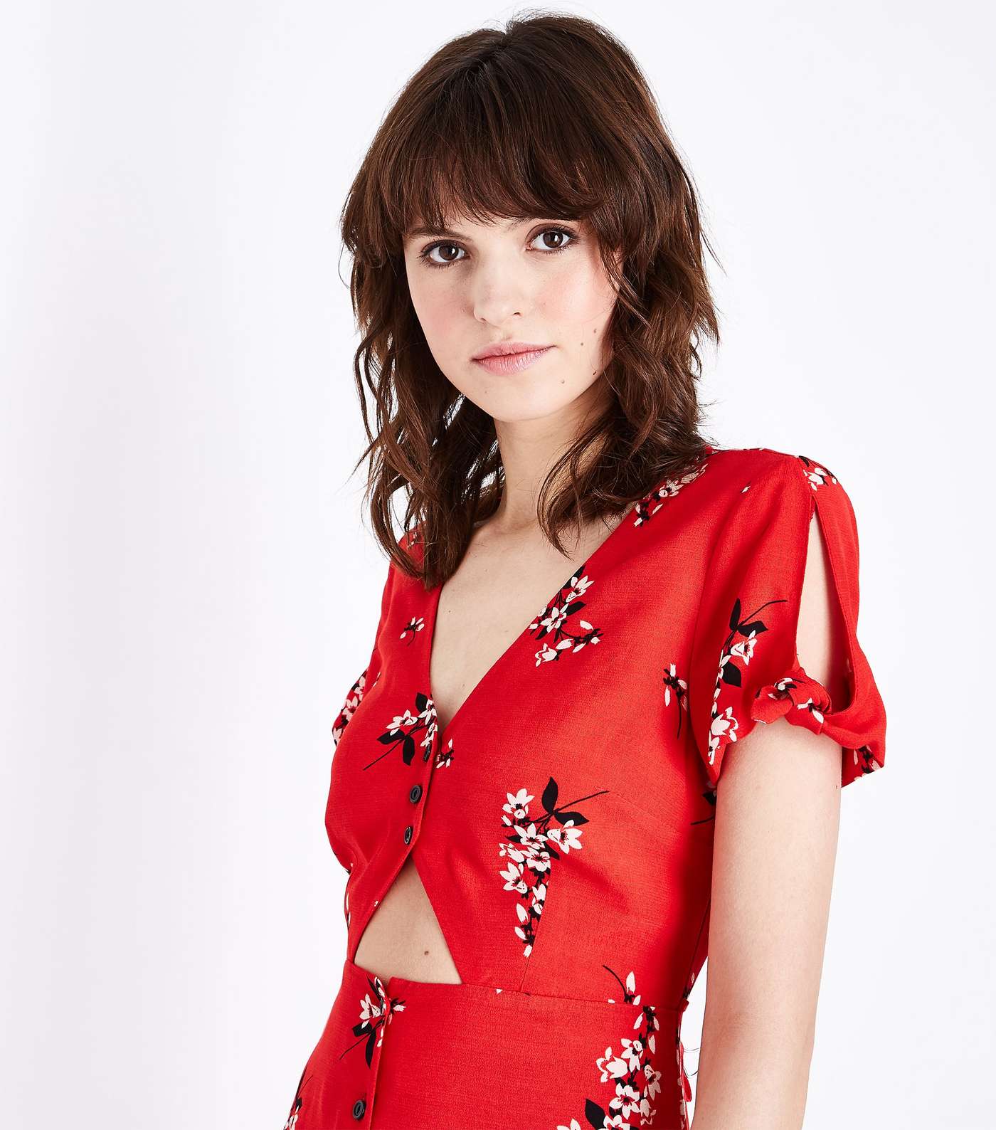 Red Floral Button Up Cut Out Midi Dress Image 5
