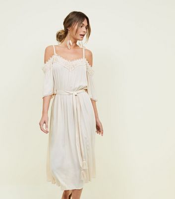 Cream Crochet Trim Cold Shoulder Midi Dress New Look