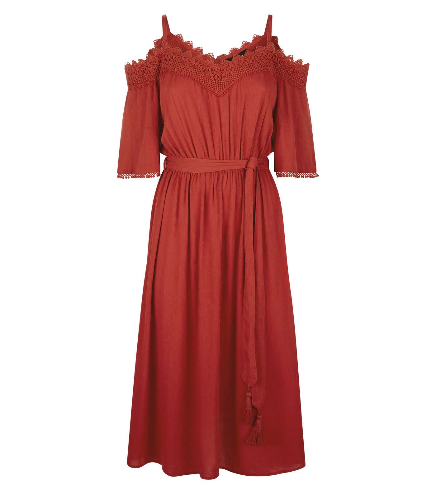 Dark Red Crochet Trim Cold Shoulder Midi Dress Image 4