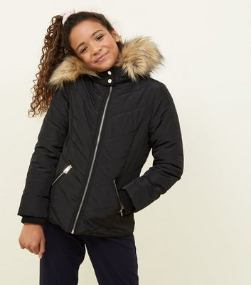 Girls Black Faux Fur Trim Hooded Parka New Look