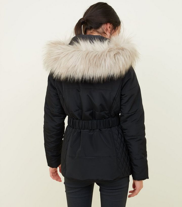 Girls Black Faux Fur Trim Hood Belted Puffer Jacket New Look Faux Fur Trim Hood Belted Puffer Jacket, Childrens Coat With Fur Hood