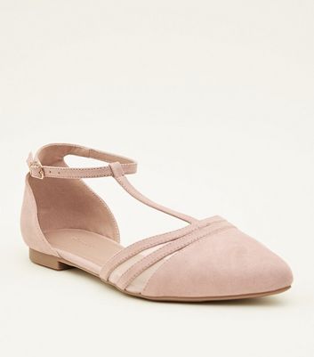 Pink Suedette Strappy T-Bar Pointed 