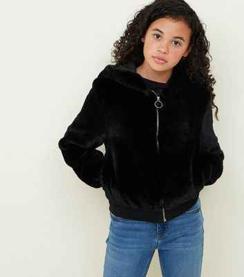 Black faux fur 2025 hooded bomber jacket