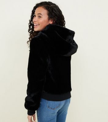 Girls Black Faux Fur Hooded Bomber Jacket | New Look