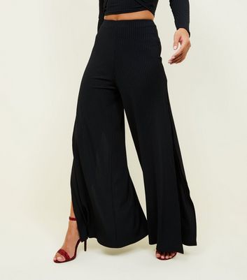 Black Ribbed Flared Split Side Trousers 