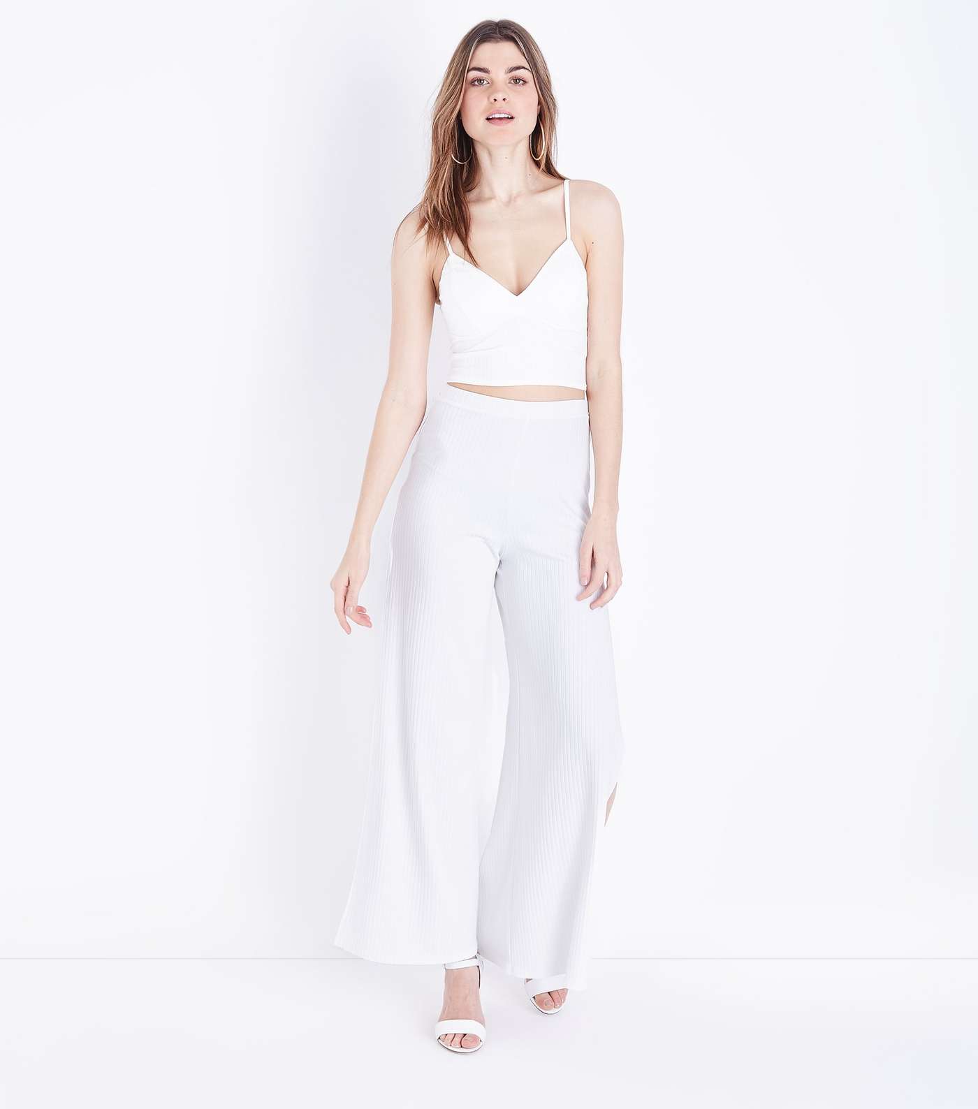 Cream Ribbed Flared Split Side Trousers