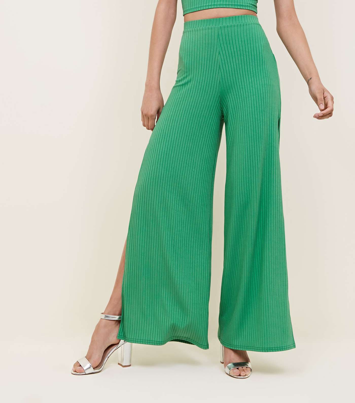Green Ribbed Flared Split Side Trousers Image 2