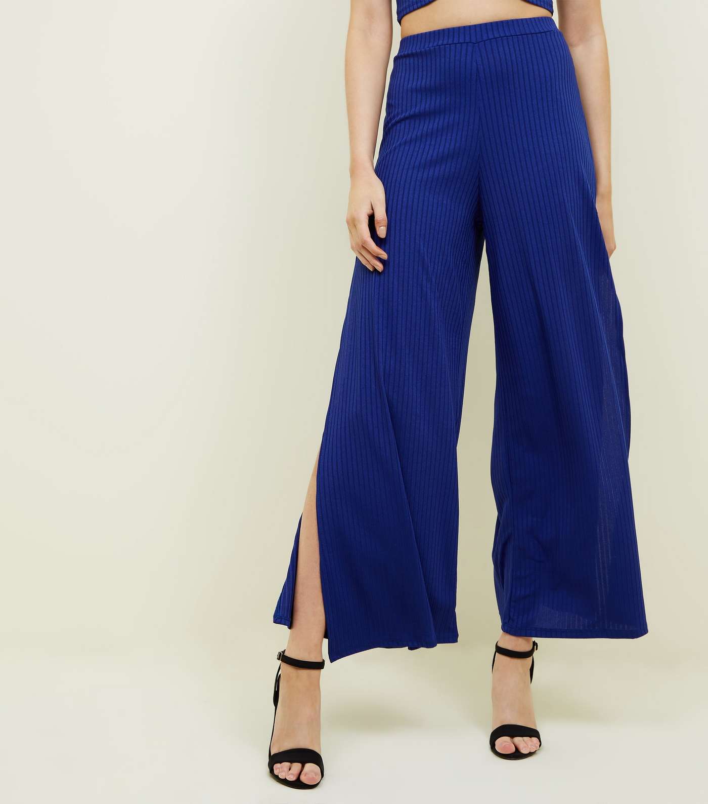 Blue Ribbed Flared Split Side Trousers Image 2