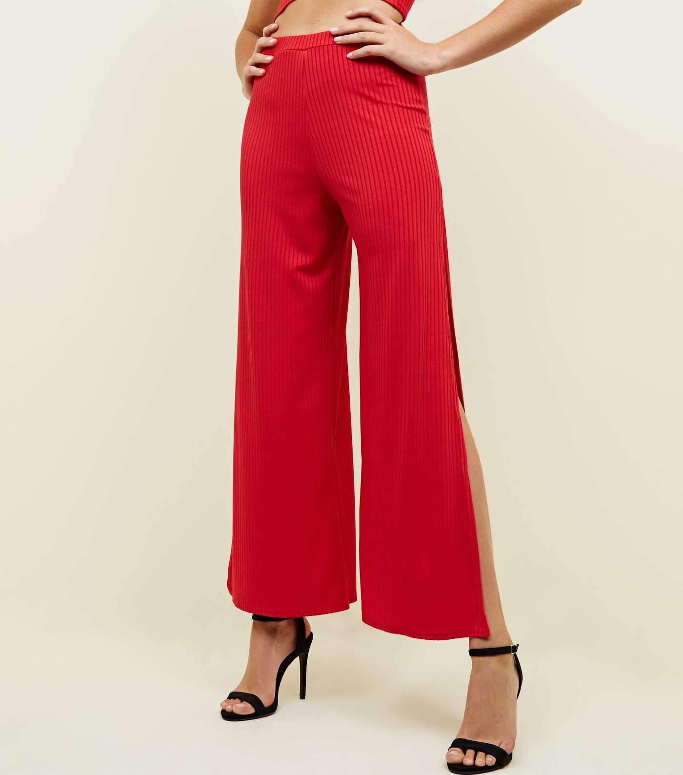 Red Ribbed Flared Side Split Trousers Image 2