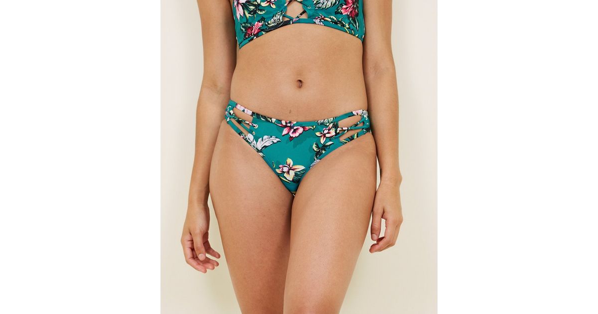 Teal Floral Lattice Side Bikini Bottoms New Look