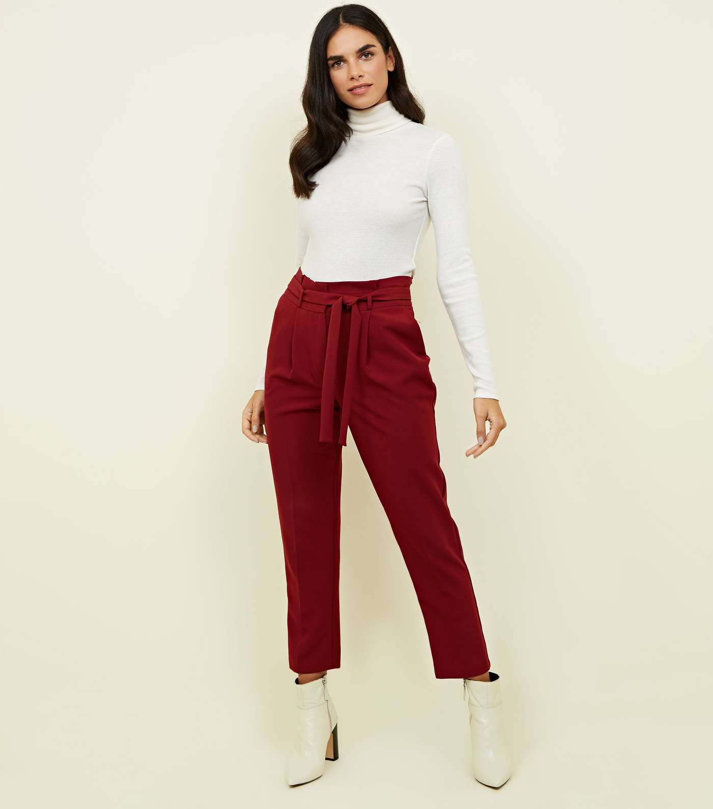 Dark Red Paperbag Waist Tapered Trousers