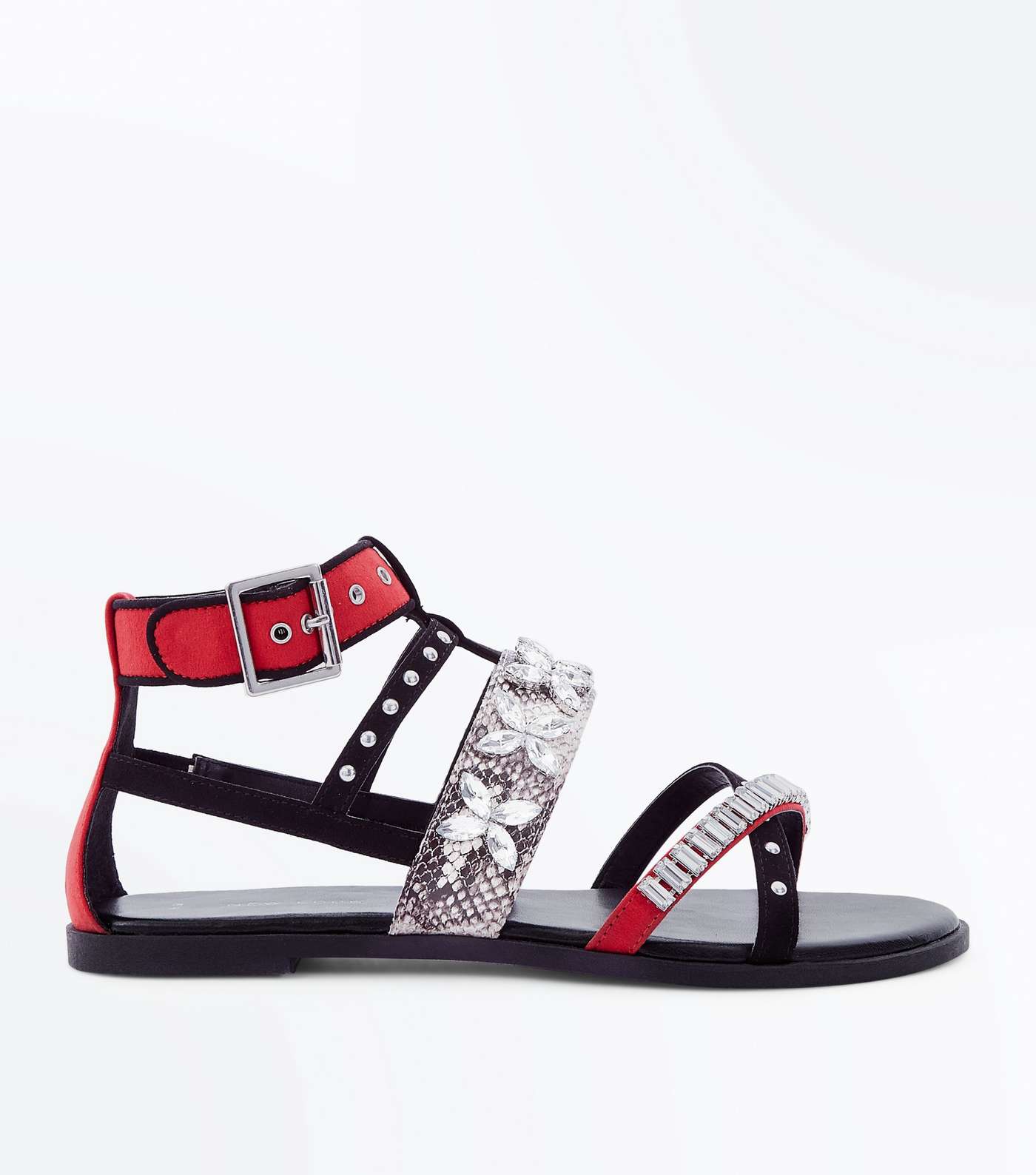 Red Contrast Gem Strap Gladiator Sandals 
