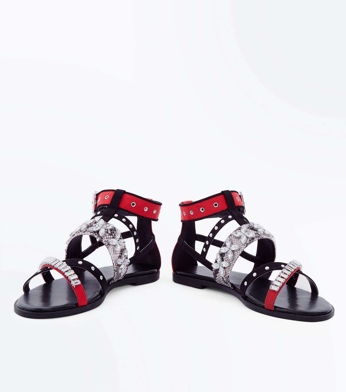 Red Contrast Gem Strap Gladiator Sandals  Image 3
