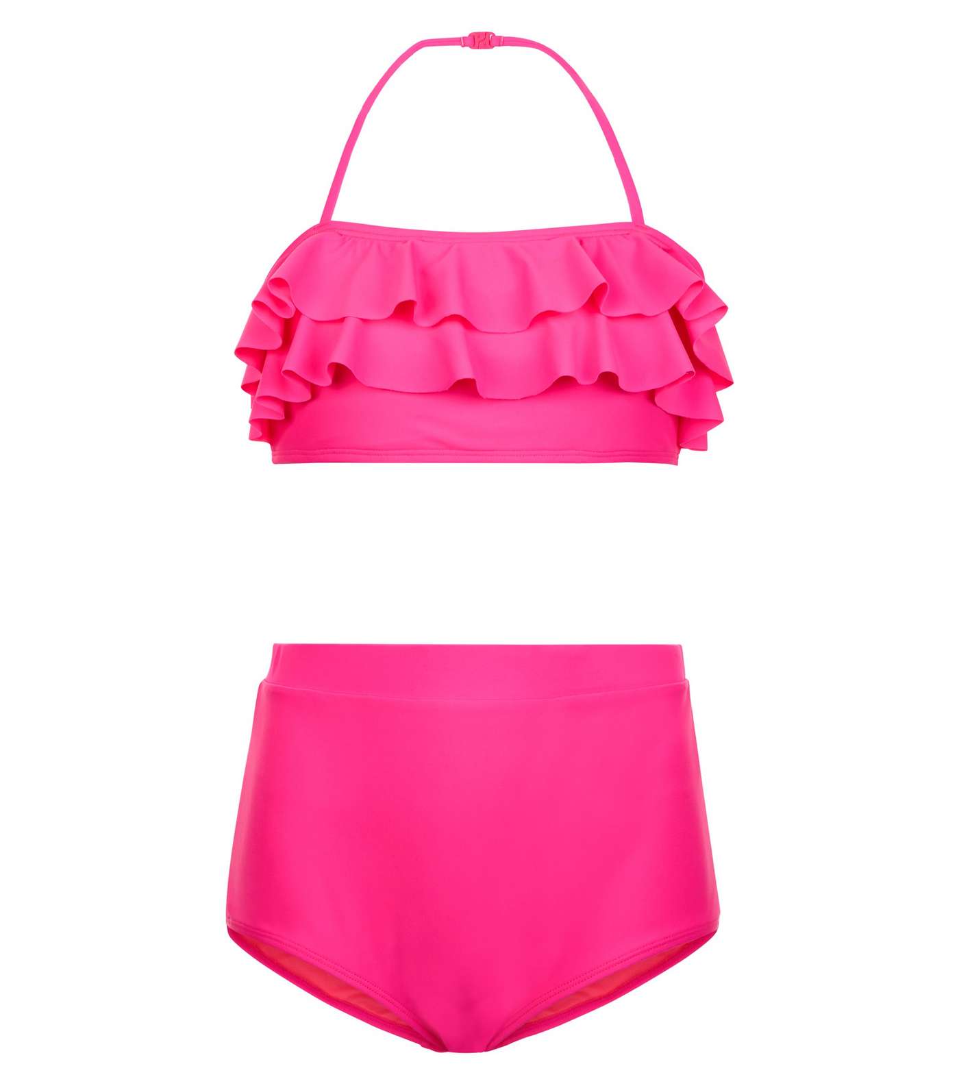 Girls Bright Pink Neon Frill Bikini