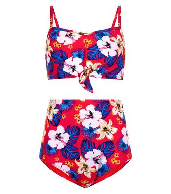 Teenager Roter Bikini Mit High Waist Blumenmuster Und Wickeloptik Vorne New Look