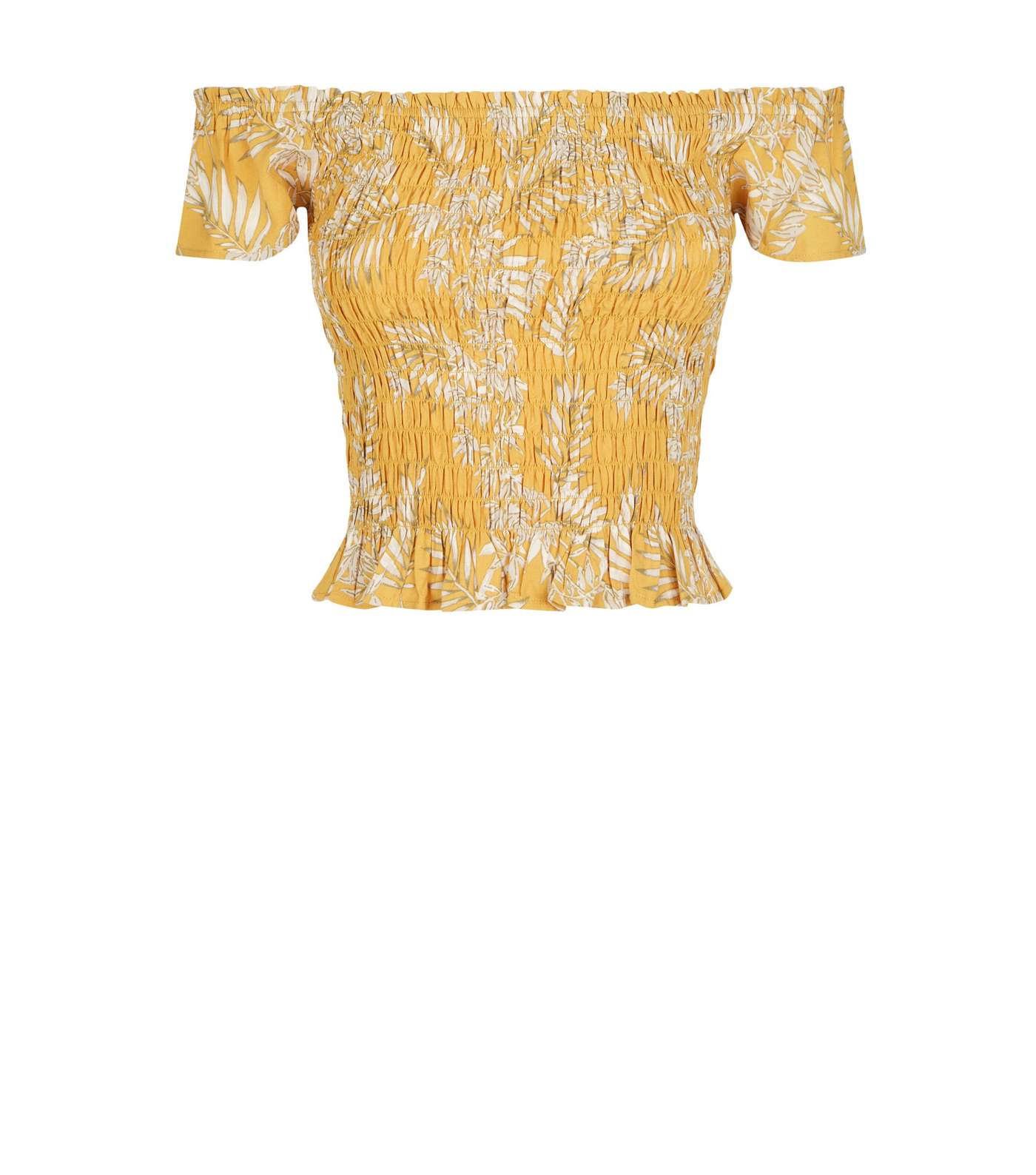 Yellow Leaf Print Shirred Bardot Crop Top Image 4
