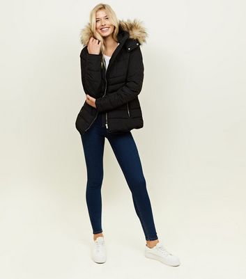 tall black faux fur hooded trim puffer jacket