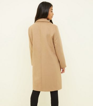 Camel collarless sales longline coat