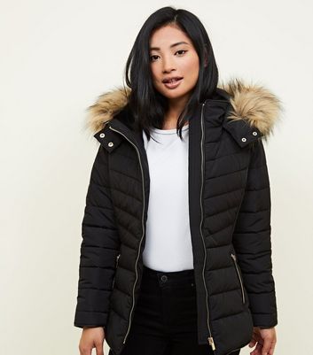 Puffer jacket with fur hood cheap new look