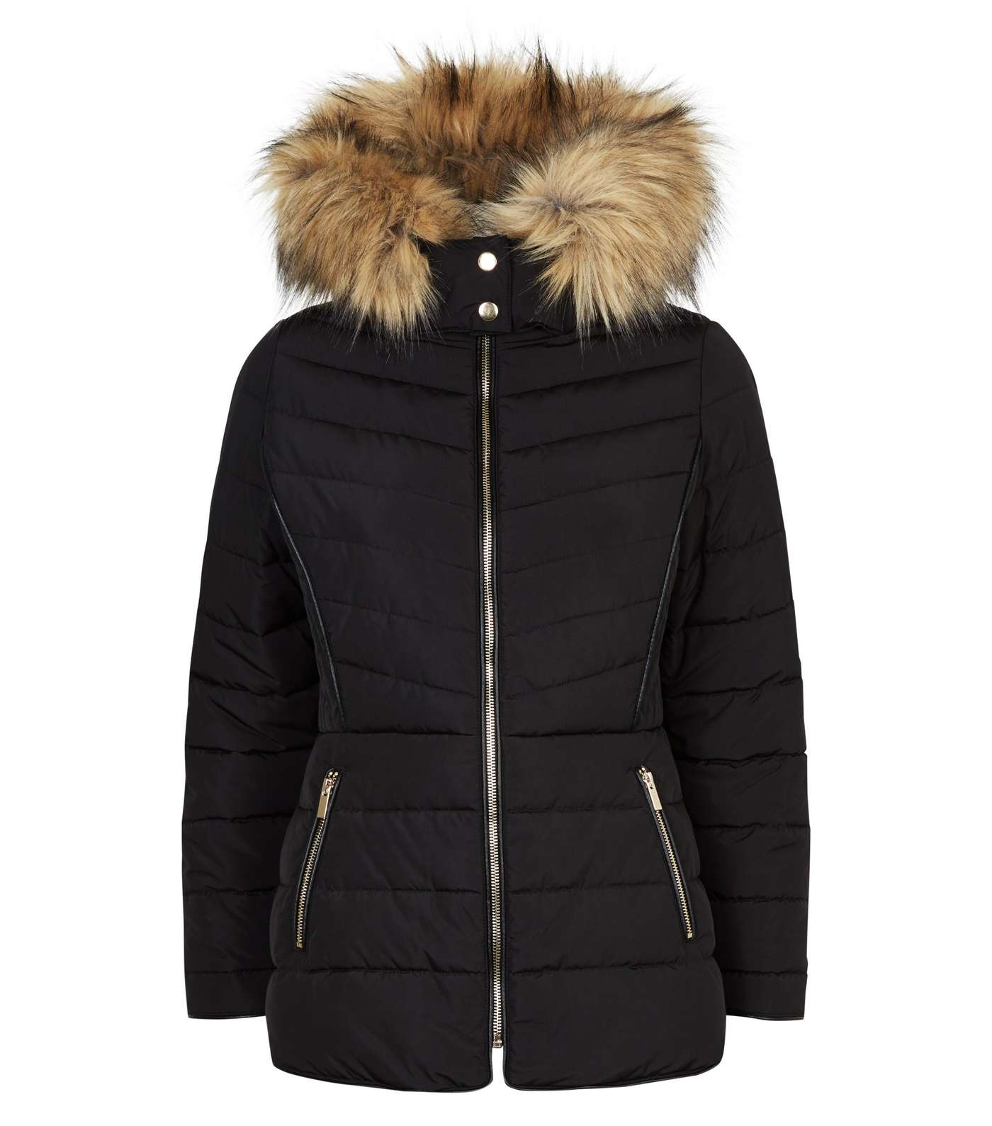 Petite Black Faux Fur Hood Fitted Puffer Jacket Image 4