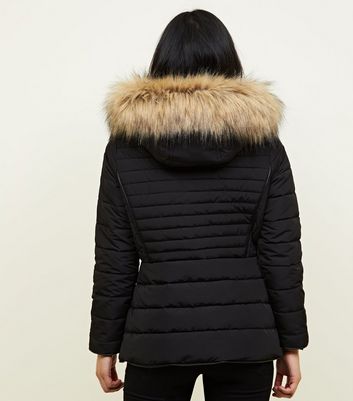 Faux Fur Hood Fitted Puffer Jacket 