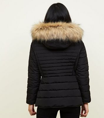 Petite black faux fur hood fitted store puffer jacket